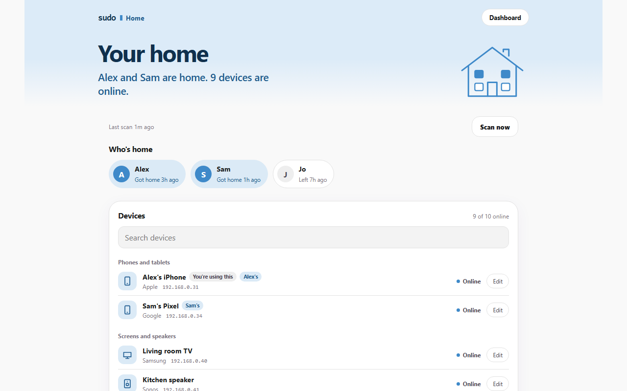 The sudo Home app on a computer: who is home, and a list of every device on the Wi-Fi with its name, maker and address.