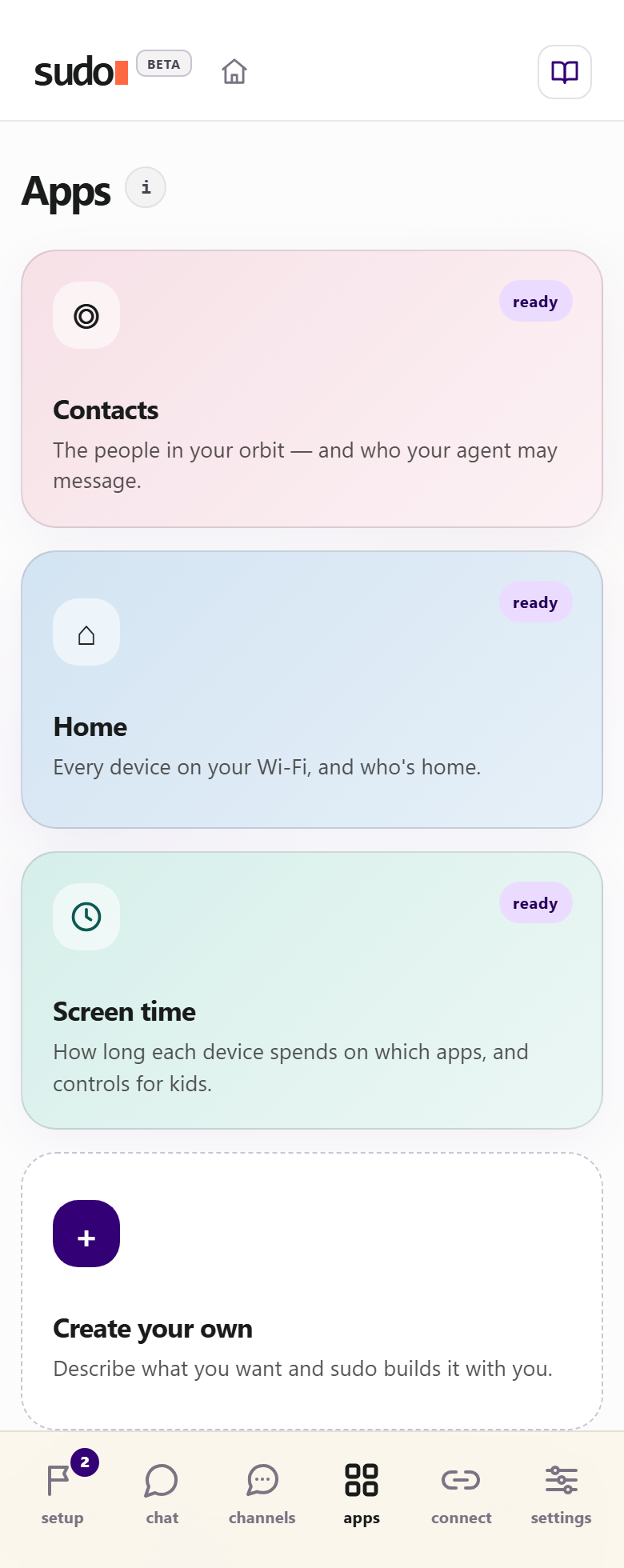 The sudo Apps tab: Contacts, Home, Screen time and Create your own.