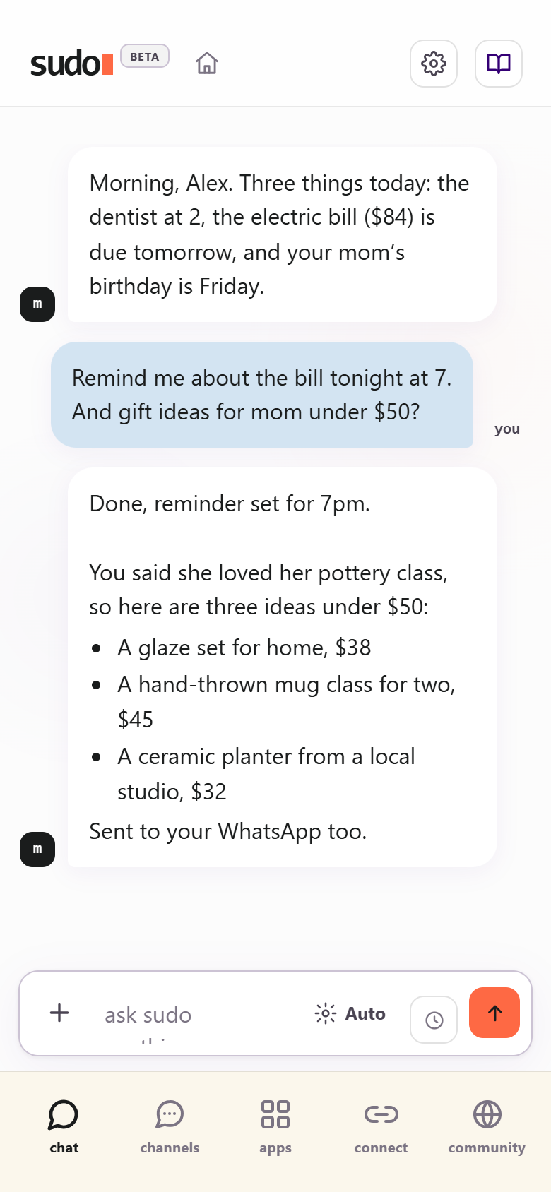 The sudo dashboard chat on a phone: the agent opens with the day's plan, sets a 7pm reminder and sends three gift ideas under $50 to WhatsApp.