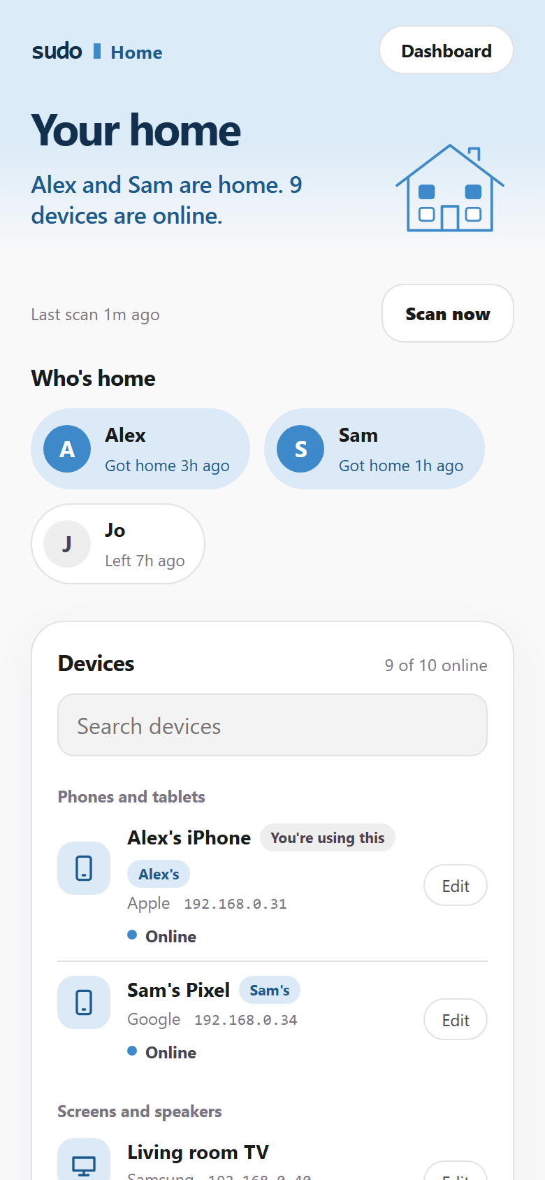 The sudo Home app on a phone: who is home and every device on the Wi-Fi.